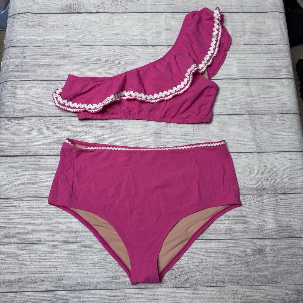 J Crew One Shoulder Bikini Top Rickrack High Waist Bottom L/XL Sweet Briar Pink